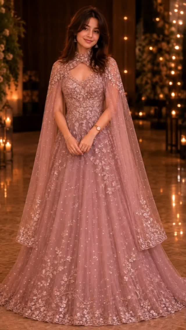 2026 Wedding Dresses: 12 Bridal Styles to Know Right Now 8 Woman wearing a dusty rose floral lace gown with a long sheer cape.