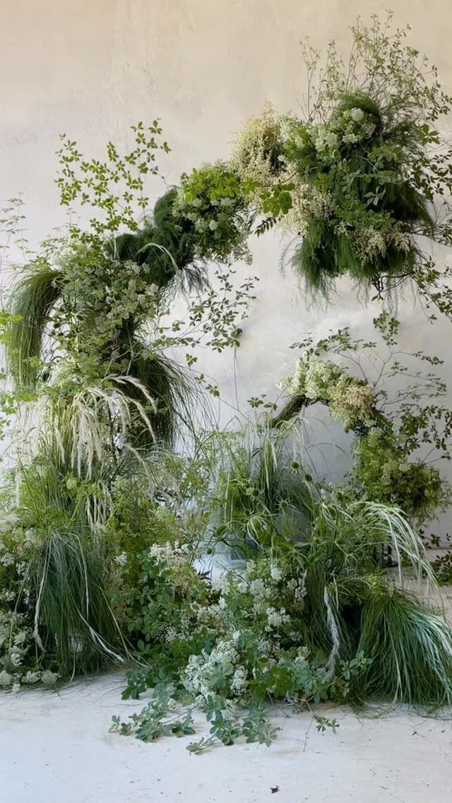 Alternative Wedding Arch: 8 Beautiful Styles for Your Ceremony 8 Lush green foliage and white wildflowers arranged in an organic arch shape against a plain wall.