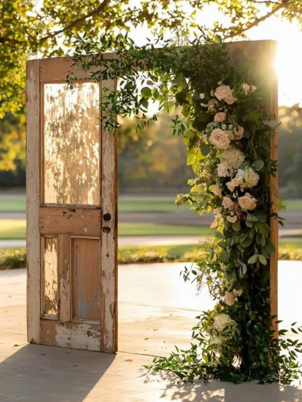 Alternative Wedding Arch: 8 Beautiful Styles for Your Ceremony 7 Vintage wooden doors decorated with green vines and pink roses standing in a sunny outdoor setting.