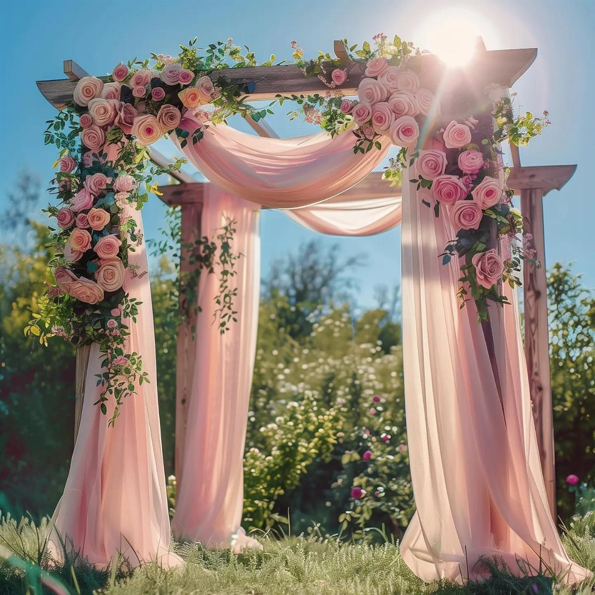 Alternative Wedding Arch: 8 Beautiful Styles for Your Ceremony 1 Wooden pergola arch draped with pink sheer fabric and decorated with large pink roses in a garden.
