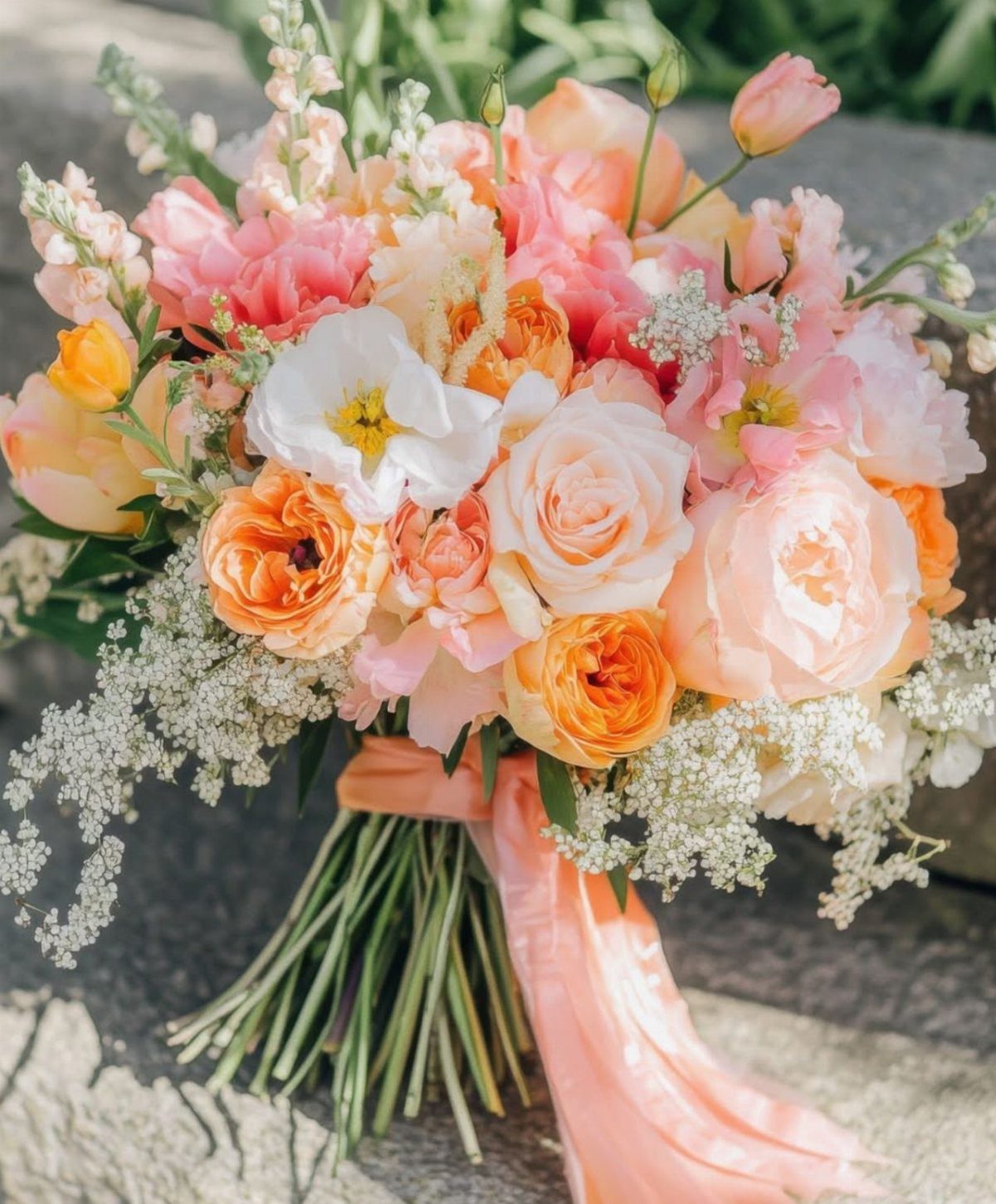 Blush Wedding Colors: 9 Palettes That Work at Actual Weddings 7 A vibrant wedding bouquet with peach roses, orange flowers, and white anemones tied with a peach ribbon.
