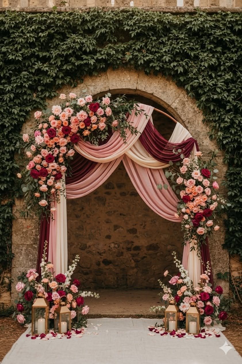 Blush Wedding Colors: 9 Palettes That Work at Actual Weddings 3 Wedding arch with draped pink and burgundy fabrics and lush floral arrangements.