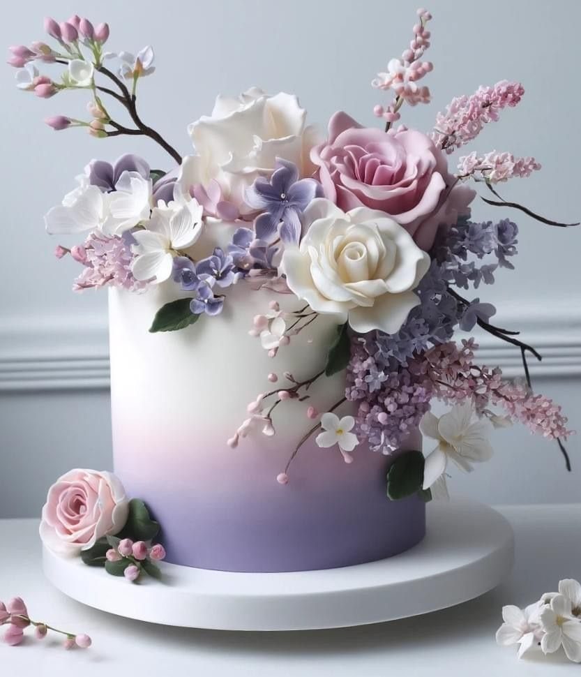 Blush Wedding Colors: 9 Palettes That Work at Actual Weddings 4 A white and purple ombre cake decorated with blush and lavender sugar flowers.