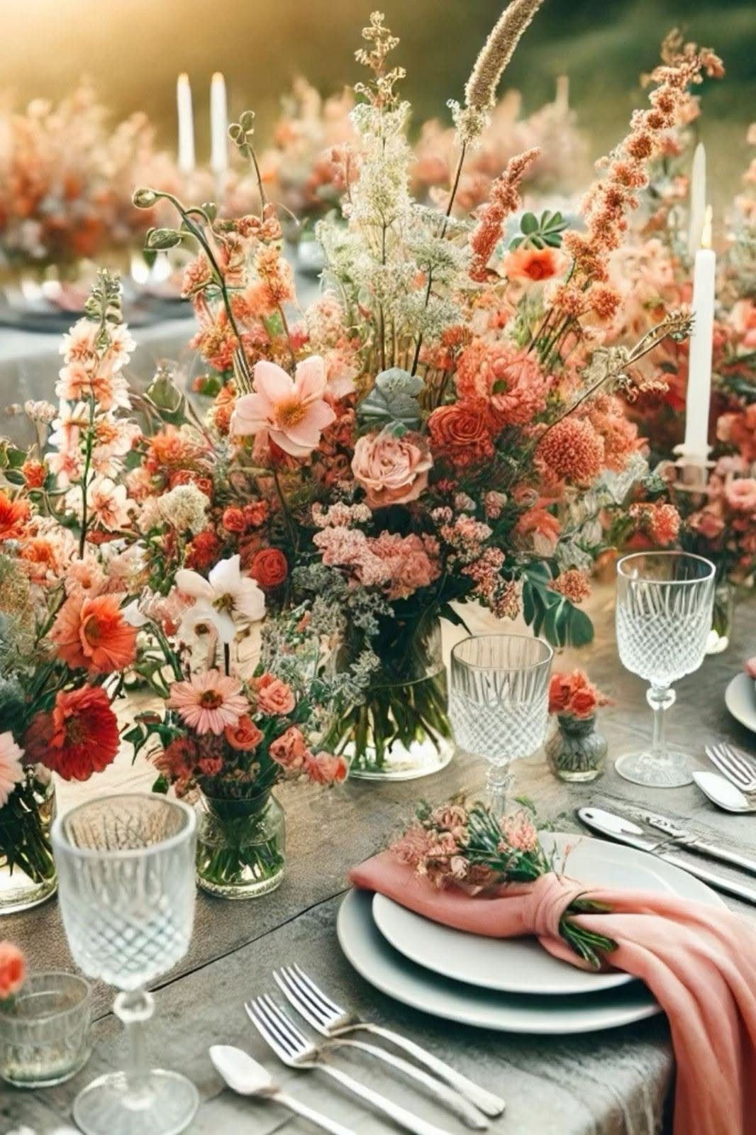 Blush Wedding Colors: 9 Palettes That Work at Actual Weddings 6 Terracotta and peach floral arrangements on a rustic wooden wedding table setting with white plates.