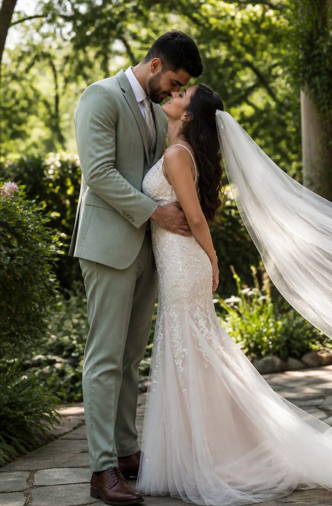 Bride and Groom Photography for Couples With a Height Difference 1 A groom with one arm around his bride in a soft outdoor light.