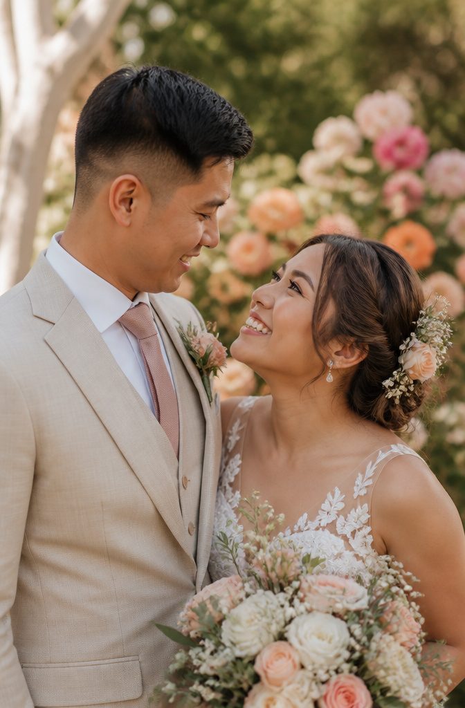 Bride and Groom Photography for Couples With a Height Difference 5 A couple captured from the waist up against a blurred flower backdrop.
