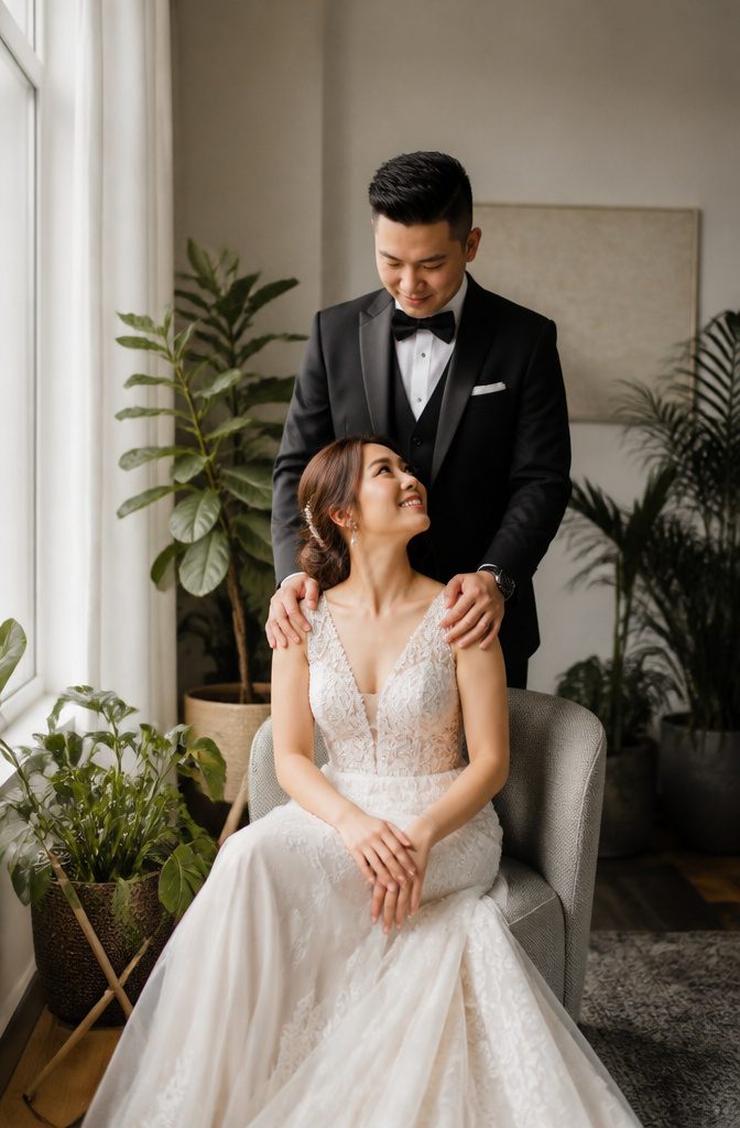 Bride and Groom Photography for Couples With a Height Difference 4 A bride on a low-backed chair with her groom standing behind her.