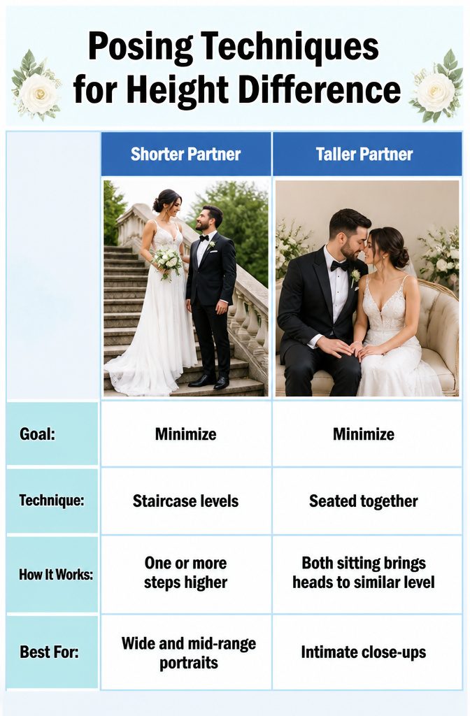 Bride and Groom Photography for Couples With a Height Difference 7 A table summarizing techniques for posing couples with height differences.