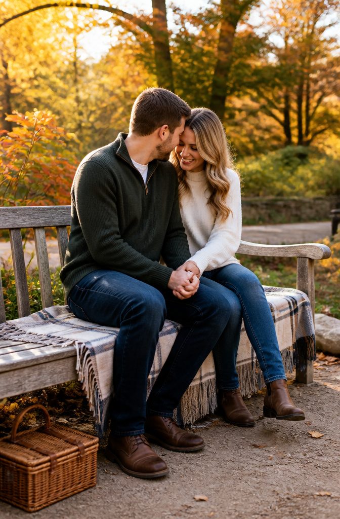Bride and Groom Photography for Couples With a Height Difference 3 A couple sitting on a wooden bench in a vibrant park, leaning towards each other.