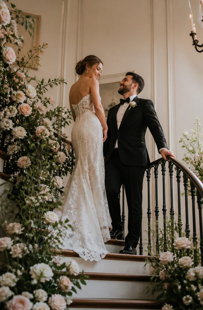 Bride and Groom Photography for Couples With a Height Difference 2 A bride and groom standing on stairs, with the bride slightly elevated.