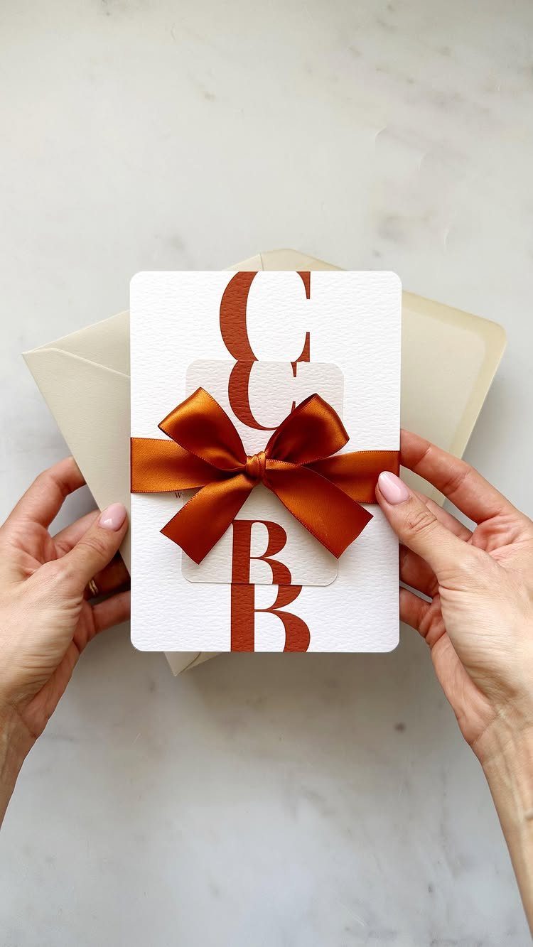 Hands holding a white wedding invitation with burnt orange lettering and a satin bow.