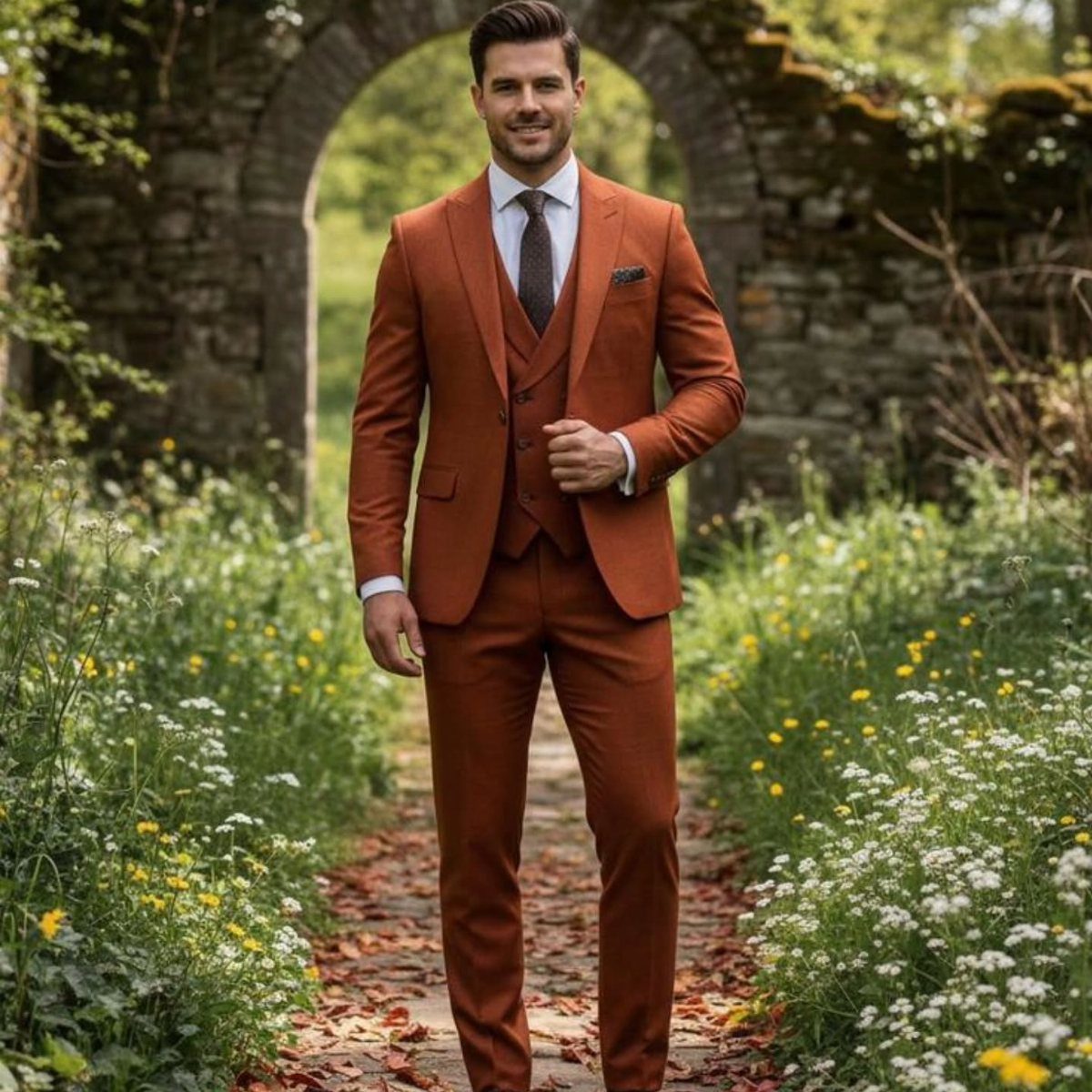 Man in a burnt orange three-piece suit standing in a lush garden path.