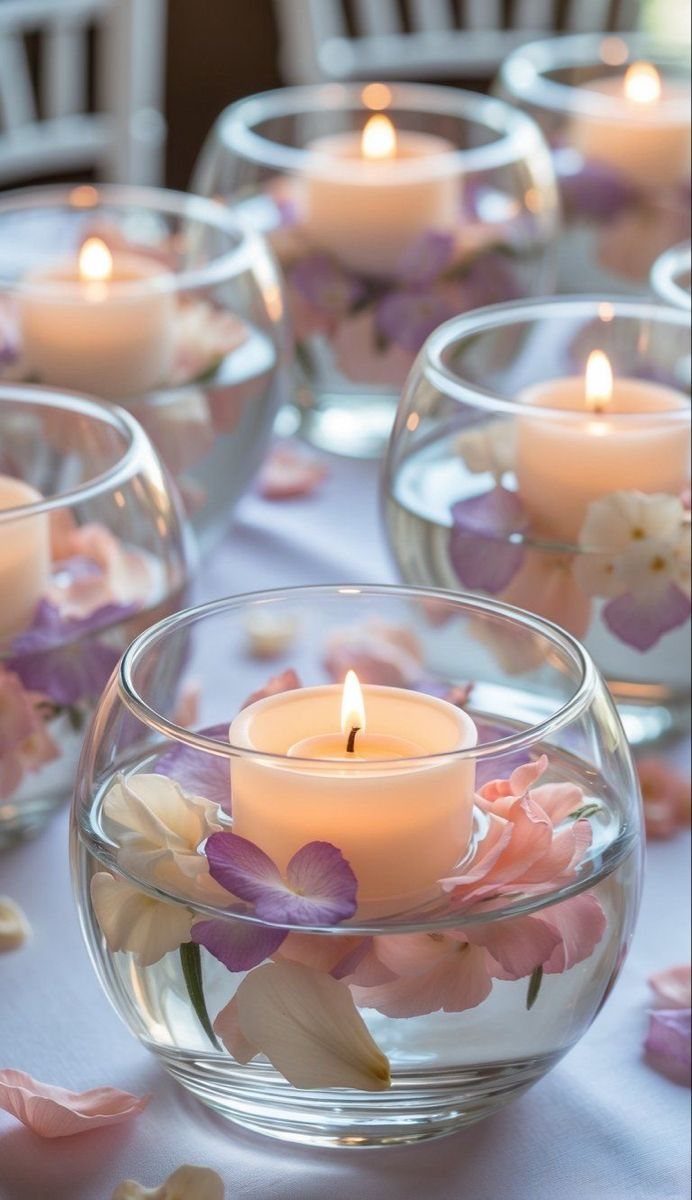 Floating tea light candles and flower petals in clear glass bowl vases on a white table.