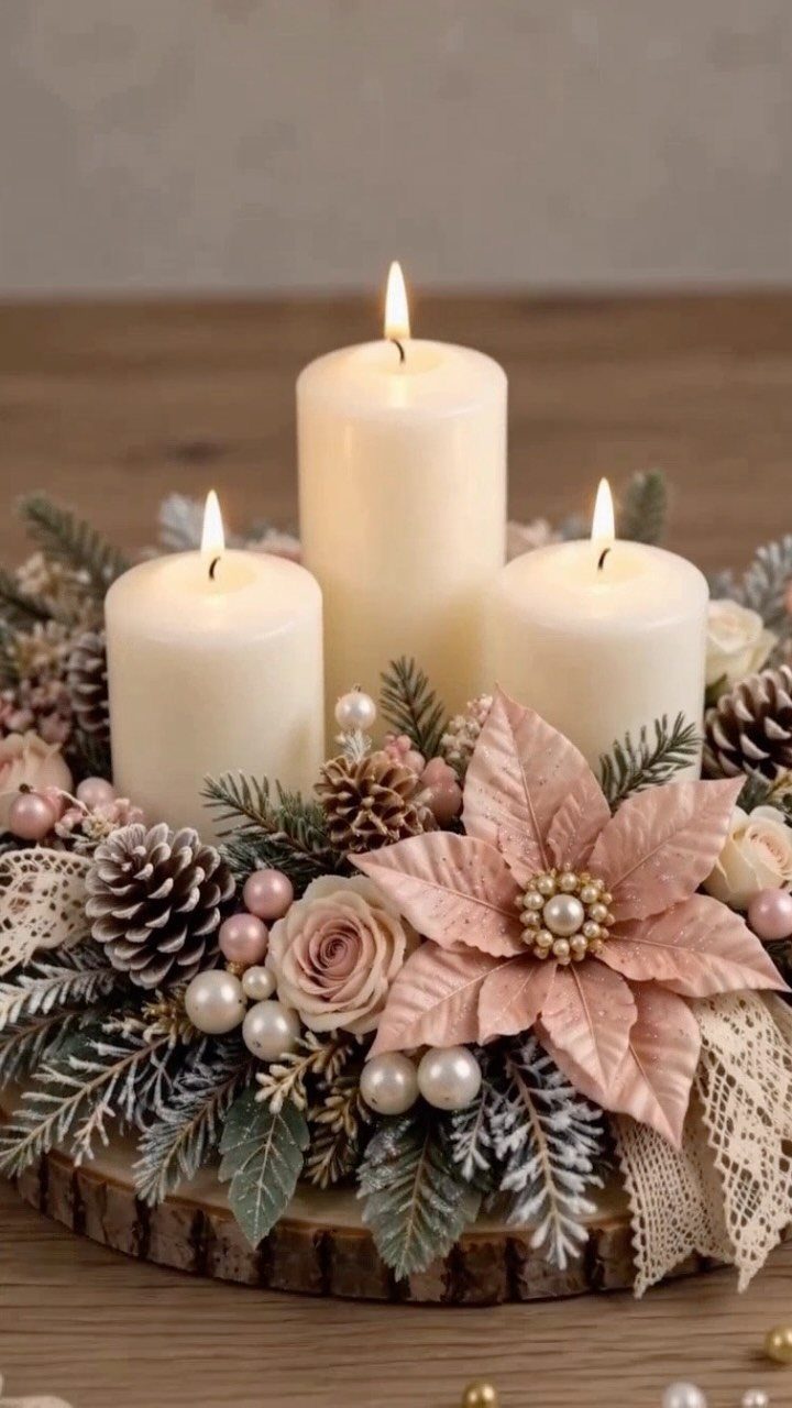 Three white pillar candles surrounded by evergreen branches, pink poinsettias, and decorative pinecones.