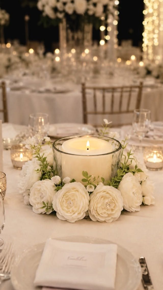 White pillar candle in a glass hurricane holder surrounded by a wreath of white roses and greenery.