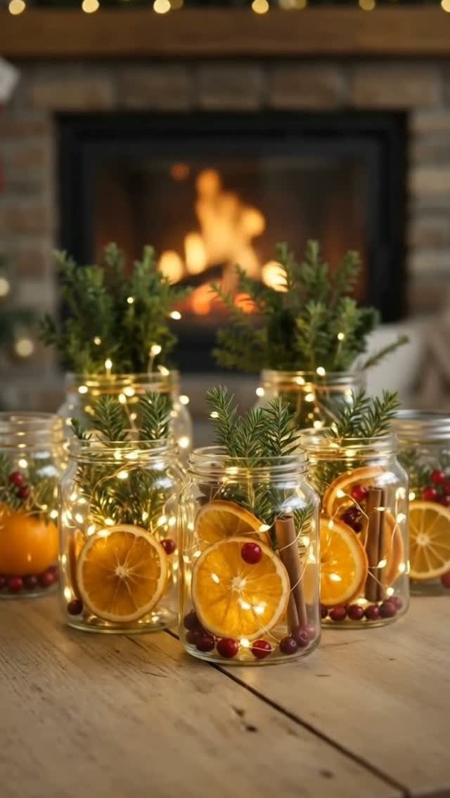 Mason jars filled with evergreens, orange slices, berries, and fairy lights on a wooden table.