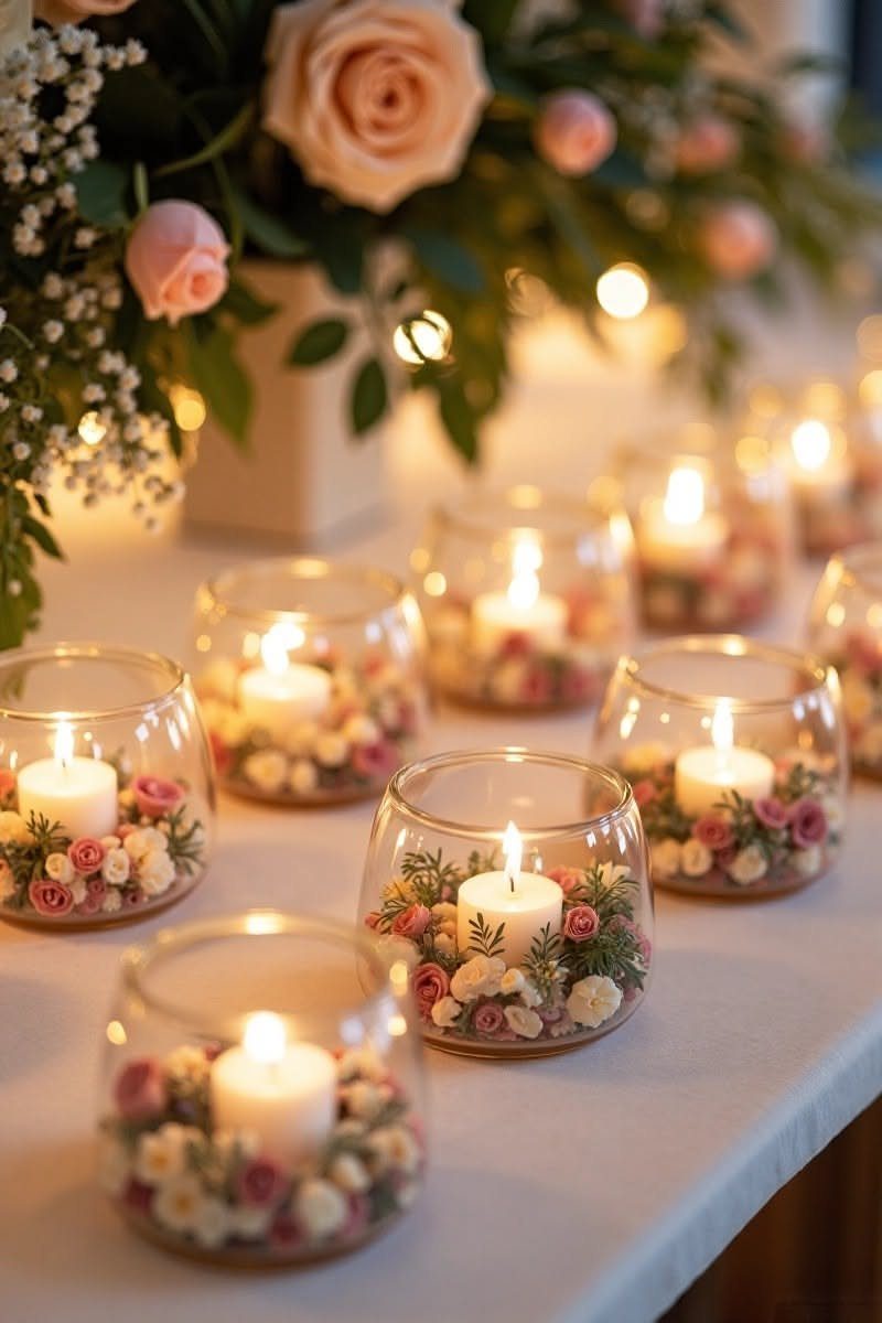 Small tea light candles surrounded by tiny flowers inside clear glass vessels on a table.