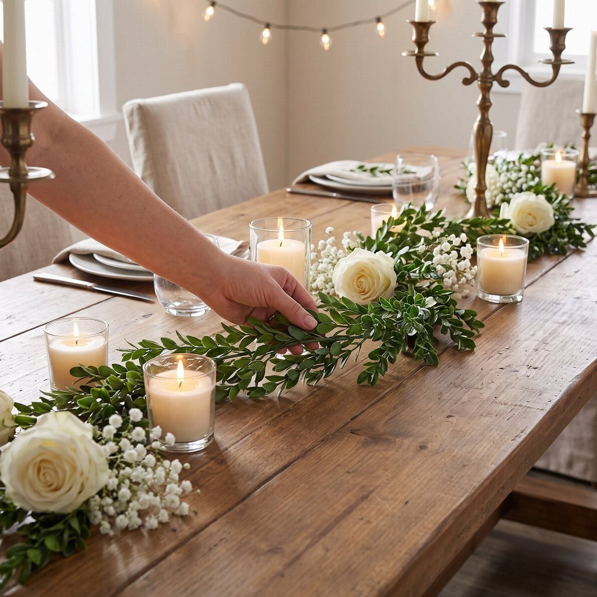A hand adjusts a leafy garland with white roses and candles on a wooden table.