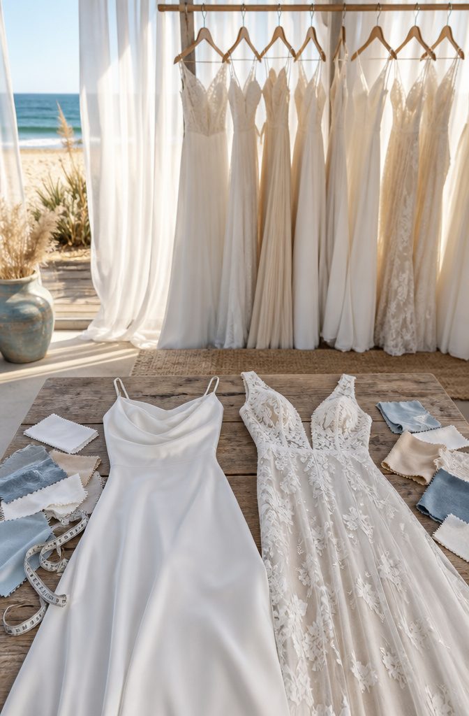 6 Coastal Wedding Dresses for Beach Ceremonies 11 A sun-drenched beach with a flowing wedding dress blowing in the wind.