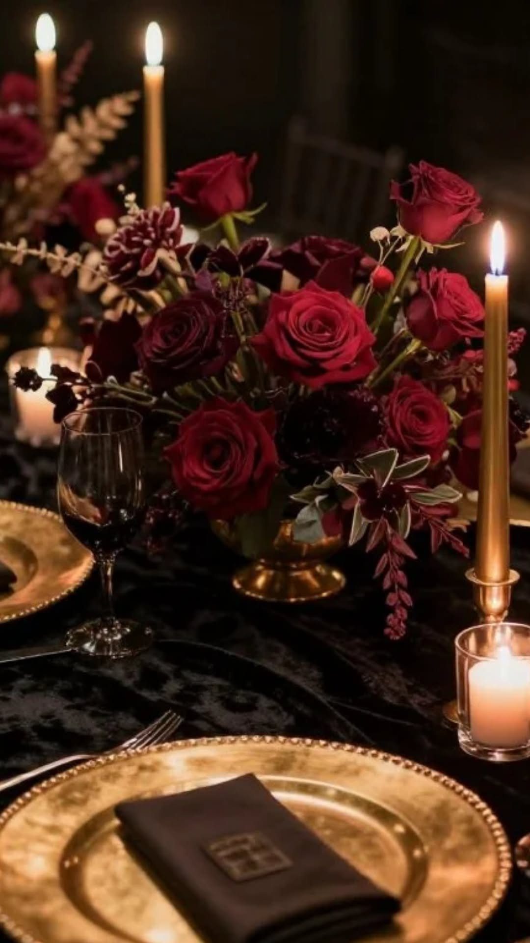 Dark Red Wedding Colors: 20 Ideas for Mood and Palette 4 Deep red roses and burgundy flowers in a gold vase on a black tablecloth with candles.