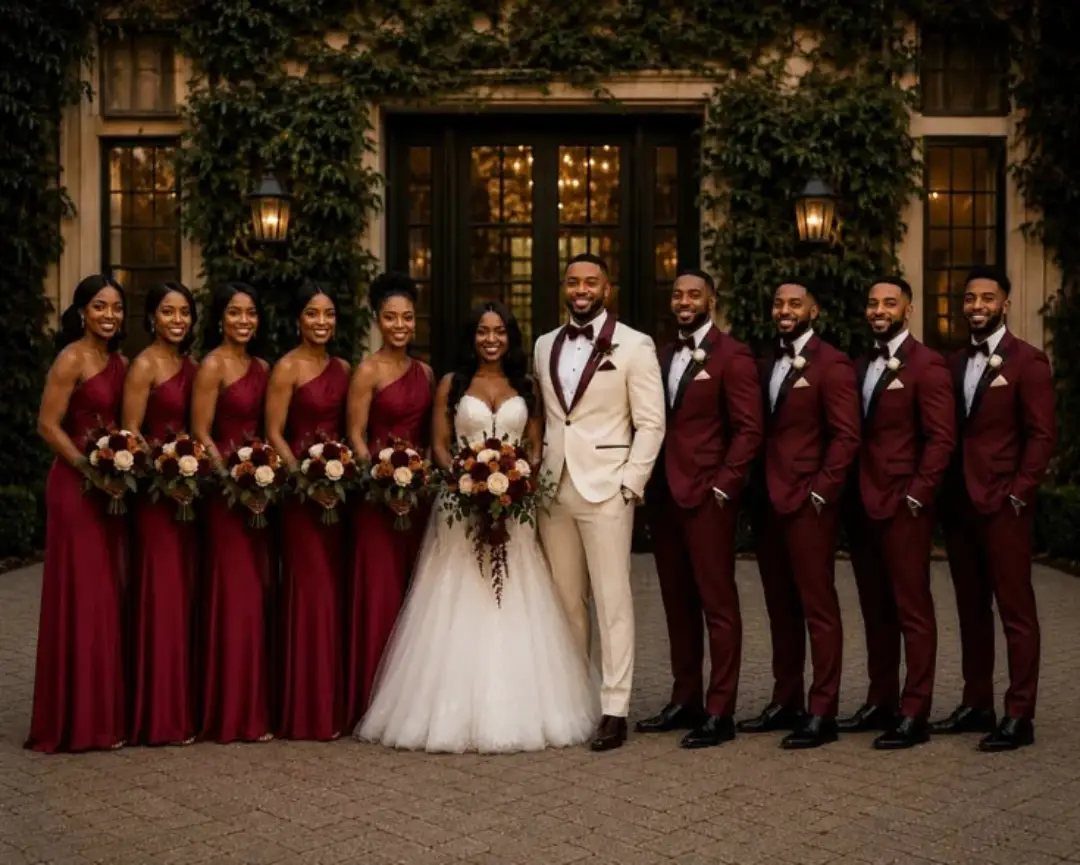 Dark Red Wedding Colors: 20 Ideas for Mood and Palette 2 A wedding party posing together, featuring bridesmaids in burgundy dresses and groomsmen in burgundy suits.