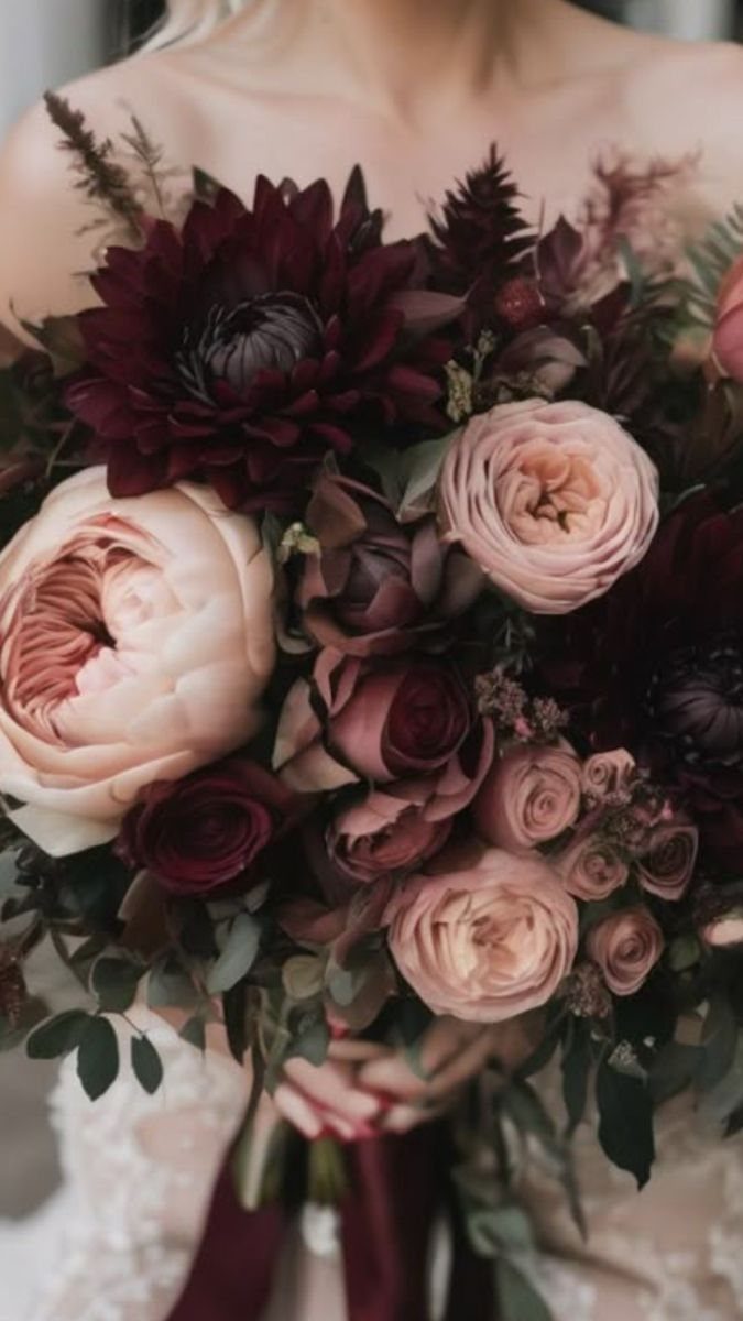 Dark Red Wedding Colors: 20 Ideas for Mood and Palette 15 A wedding bouquet with dark burgundy dahlias and soft blush pink roses with green foliage.