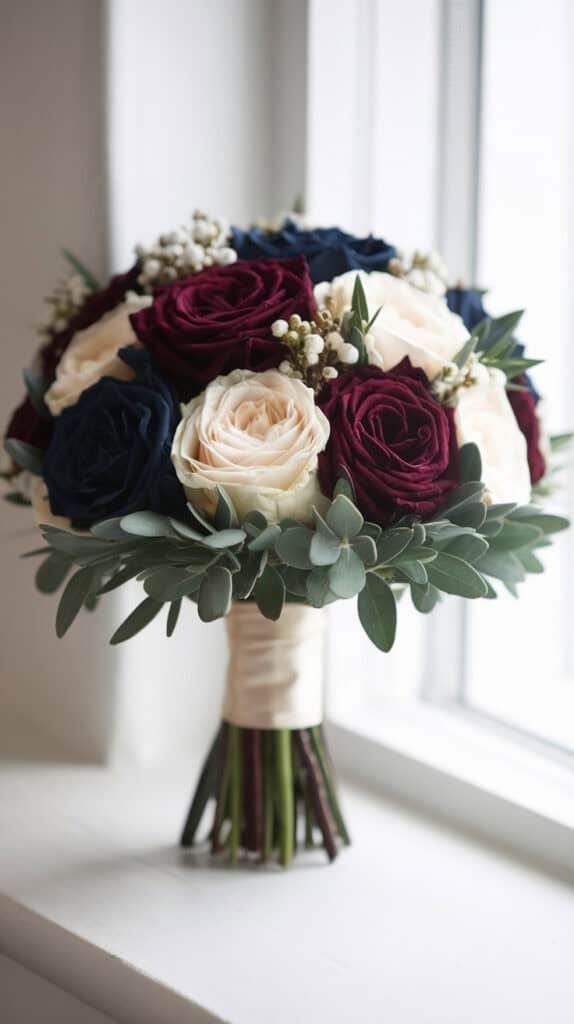 Dark Red Wedding Colors: 20 Ideas for Mood and Palette 19 A wedding bouquet with dark red, navy, and cream roses and green foliage.