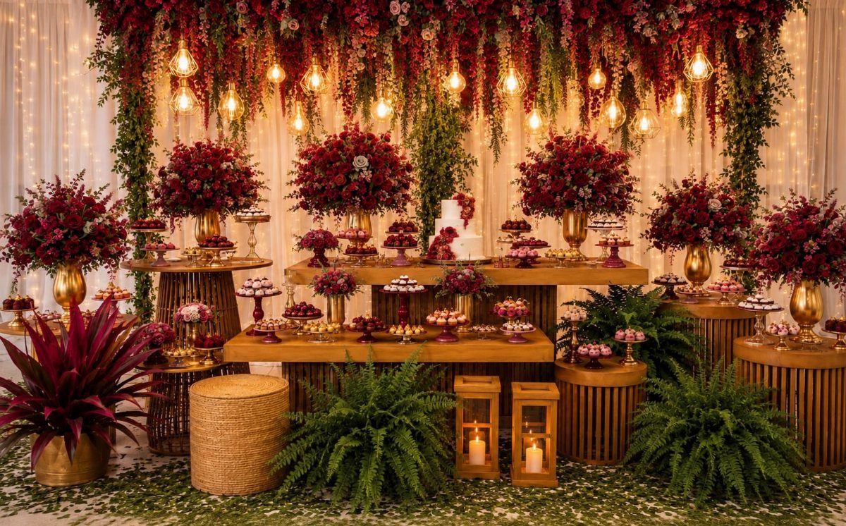 Dark Red Wedding Colors: 20 Ideas for Mood and Palette 1 Burgundy floral arrangements and desserts displayed on gold stands at an elegant wedding reception.