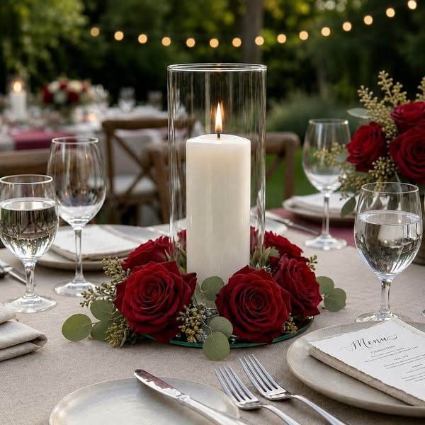 Dark Red Wedding Colors: 20 Ideas for Mood and Palette 9 Red roses and greenery surrounding a white pillar candle in a glass cylinder on a table.