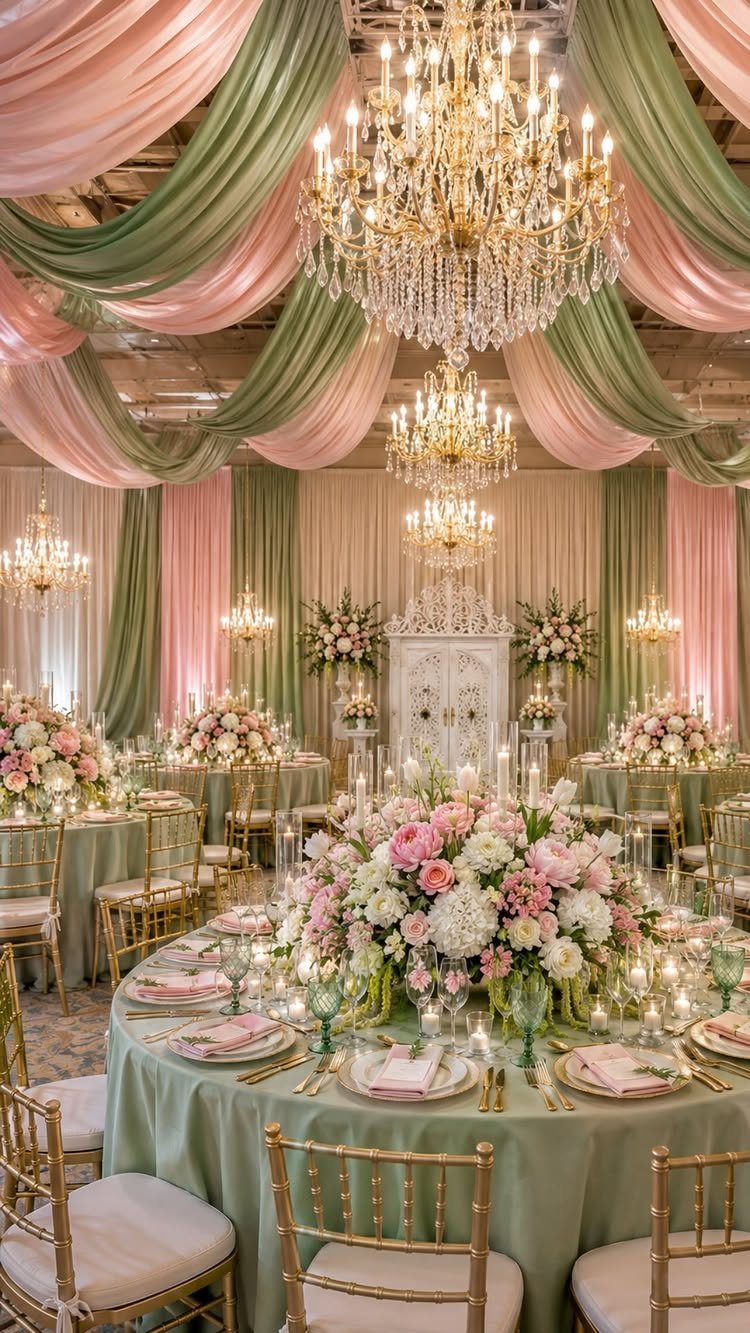 Elegant wedding reception with sage green linens, pink floral centerpieces, and draped fabric under crystal chandeliers.