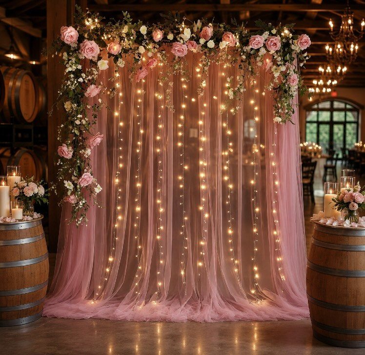 Pink tulle backdrop adorned with a dusty rose floral garland and hanging fairy lights between wooden barrels.
