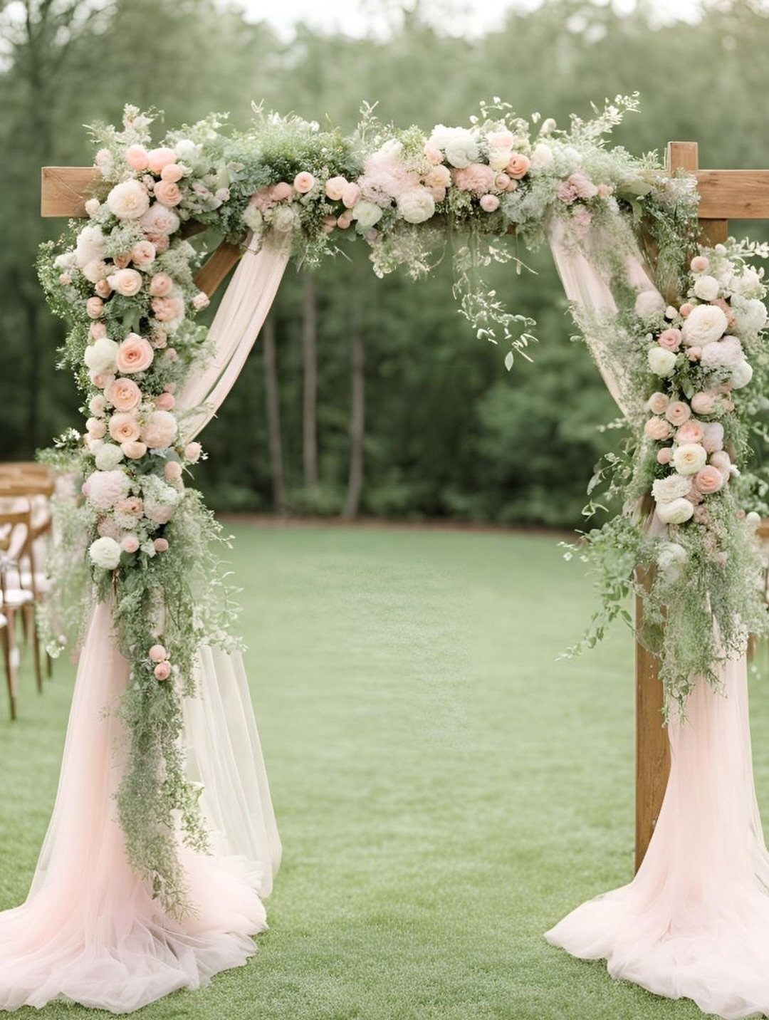 A wooden wedding arch adorned with dusty rose flowers, green foliage, and flowing pink tulle fabric.