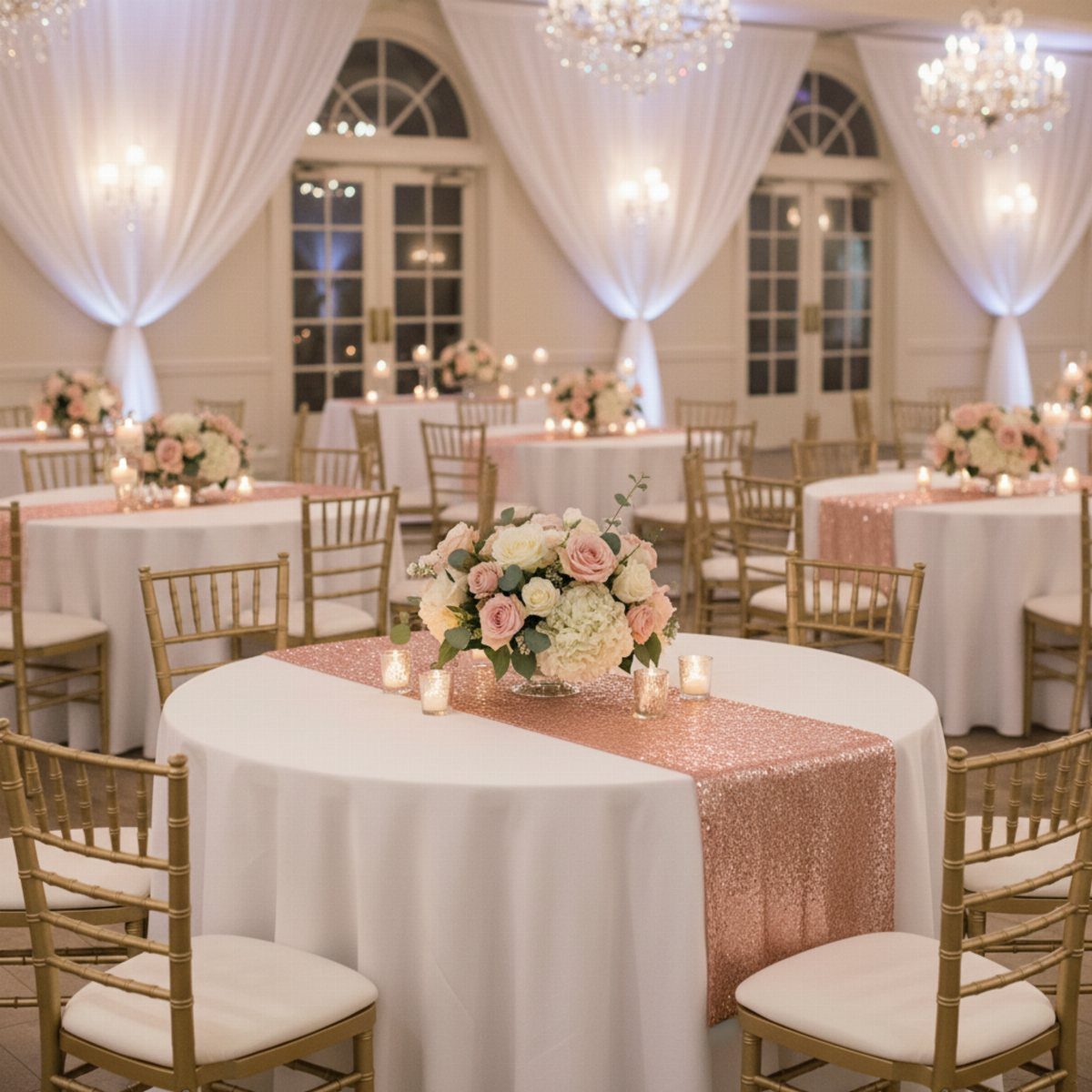Round wedding tables featuring dusty rose sequined runners, floral centerpieces, and gold Chiavari chairs.