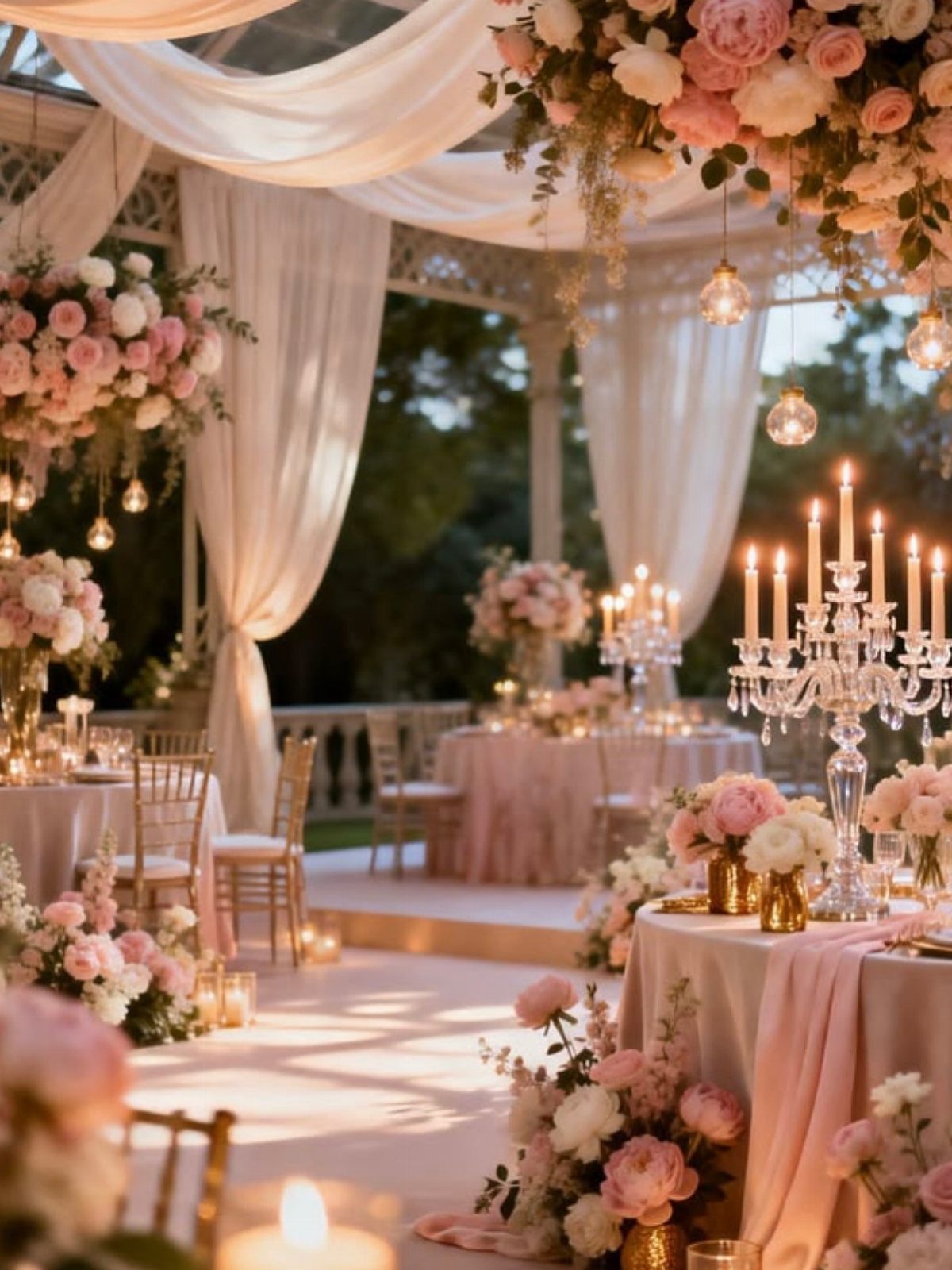 Wedding reception tables decorated with dusty rose linens, ivory drapes, and pink floral arrangements.