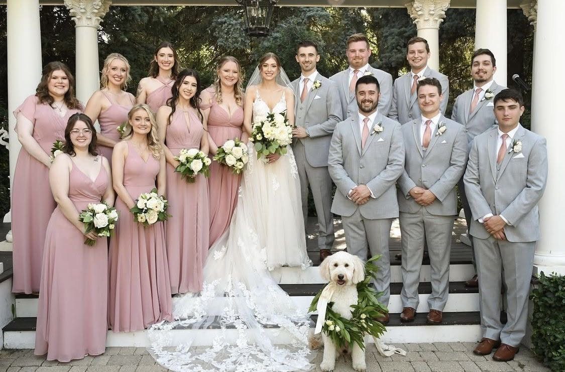 Wedding party in dusty rose dresses and light grey suits posing on stone steps with a dog.