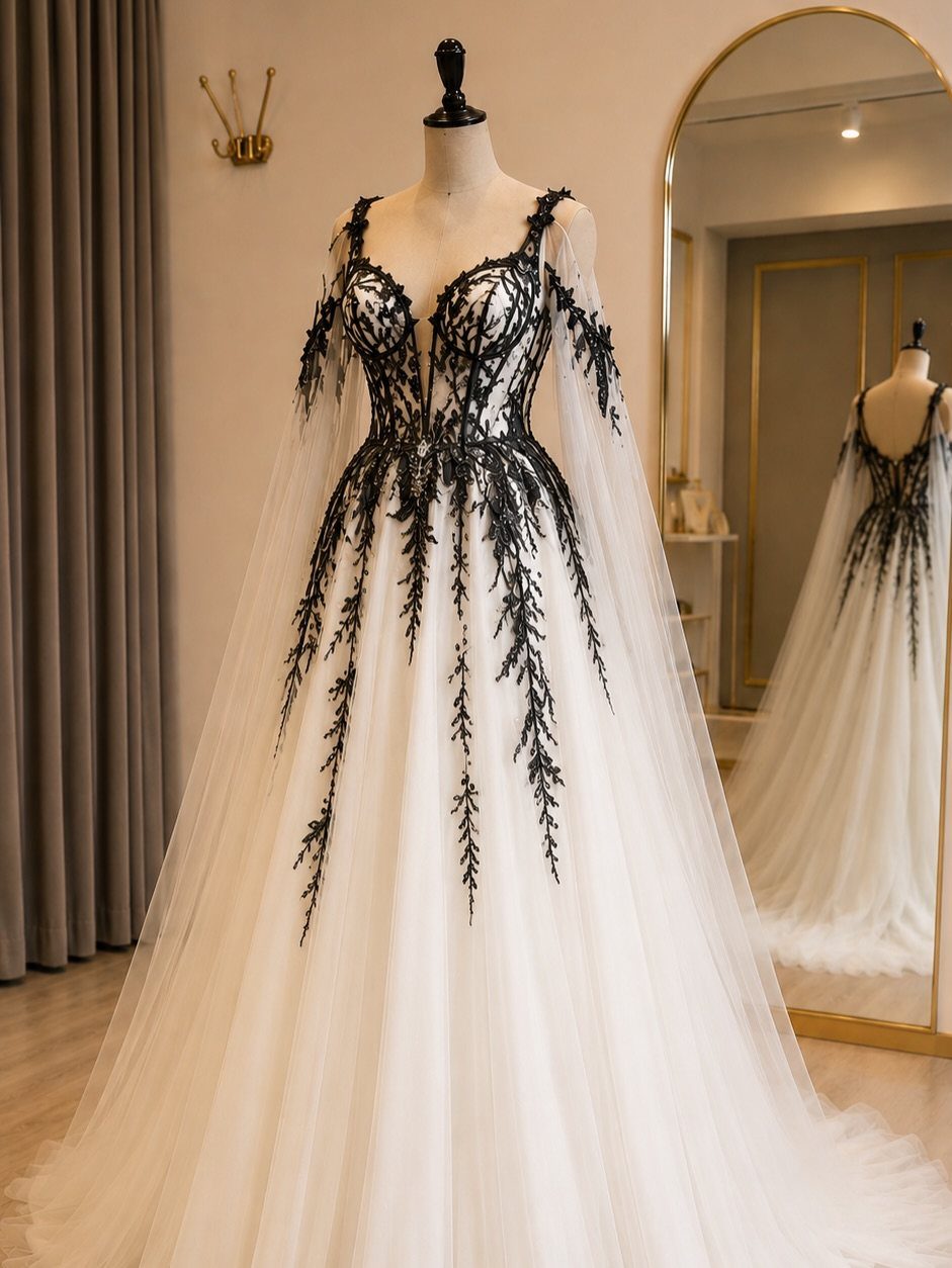 A white wedding dress with black lace embroidery displayed on a mannequin.