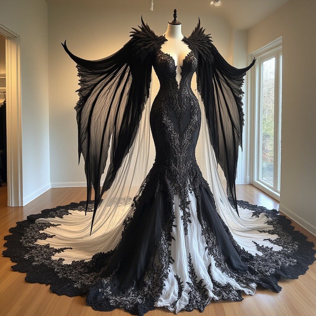 A dramatic black and white mermaid wedding gown with large wing-like sleeves on a mannequin.