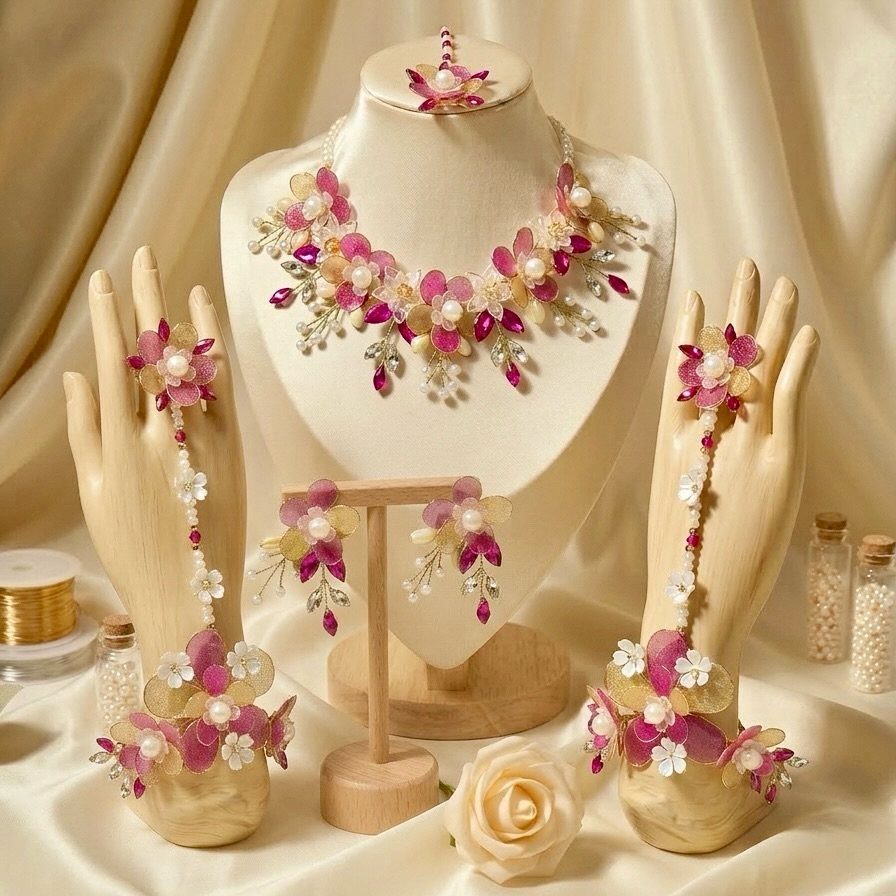 Floral jewelry set with pink and white flowers displayed on a cream mannequin bust and hands.