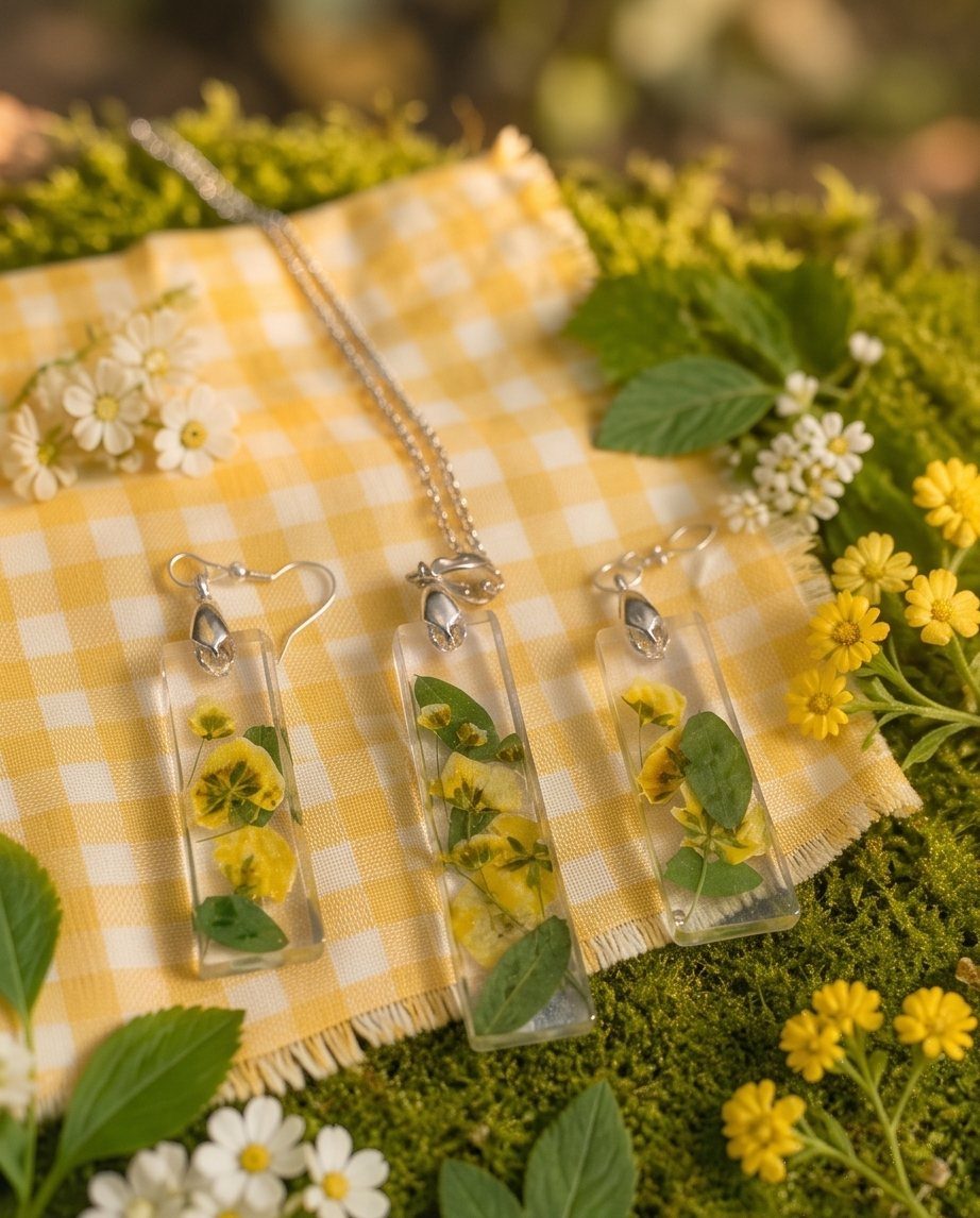 Resin jewelry set with yellow flowers and green leaves resting on a yellow checkered cloth.