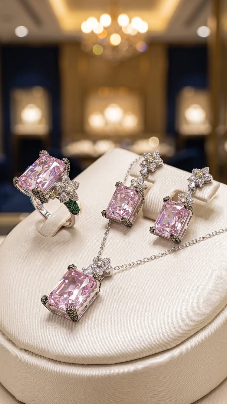 Silver jewelry set with large pink rectangular gemstones and floral accents on a white display stand.