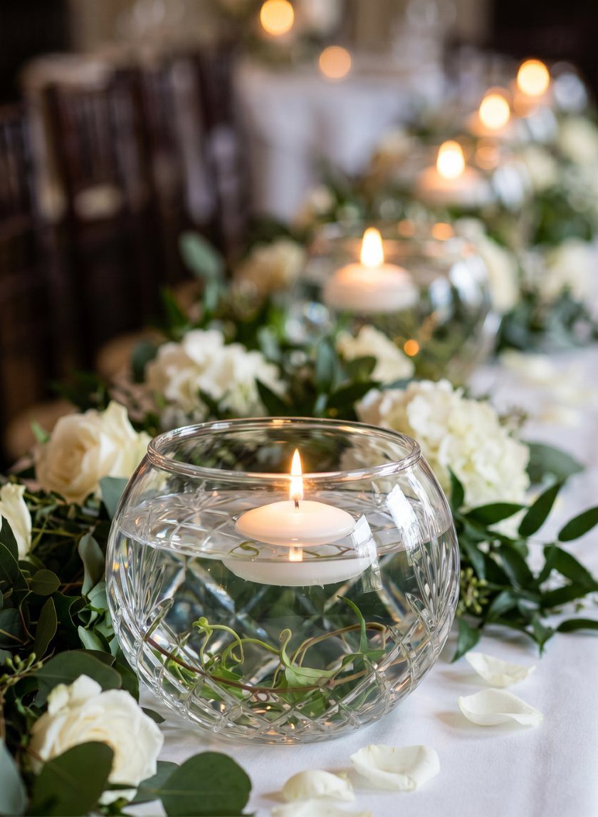 Floating white tea light candles in clear glass bowls surrounded by green leaves and white roses.