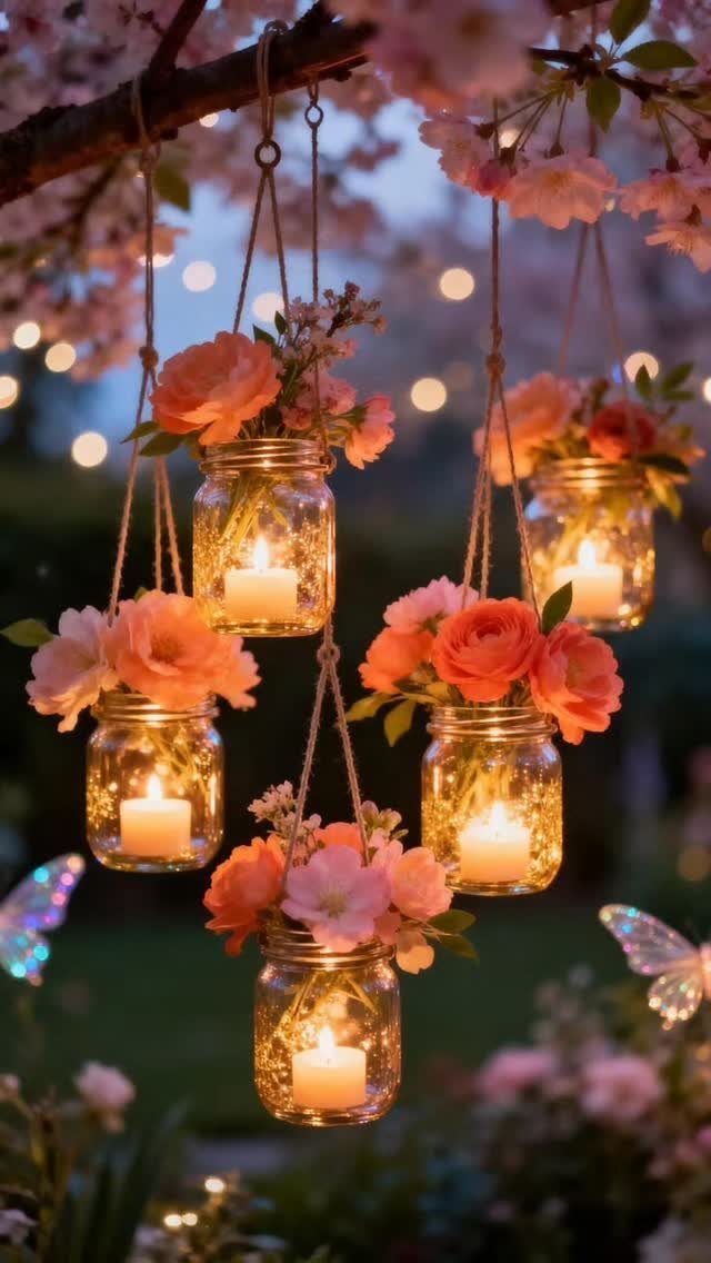 Hanging glass mason jars filled with glowing candles and pink flowers suspended from tree branches.
