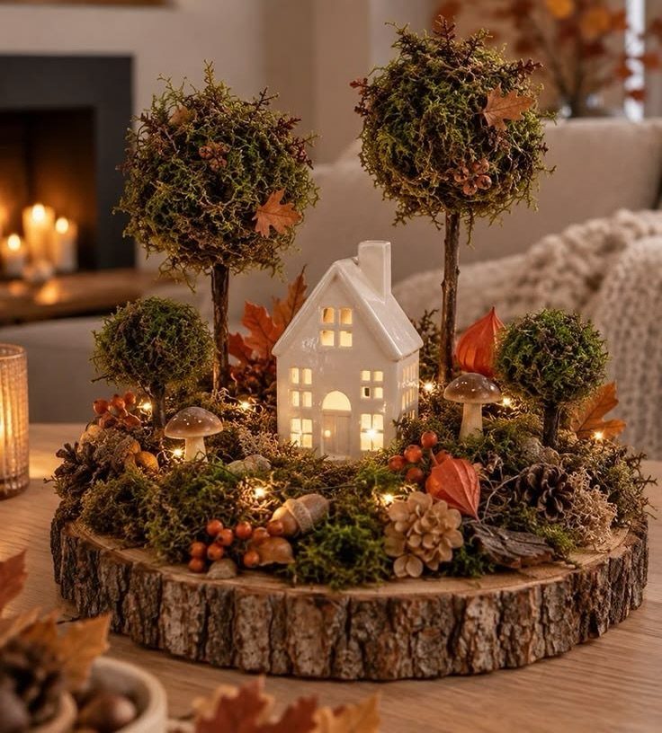 A woodland centerpiece with a white house, moss, and fairy lights on a wood slice.