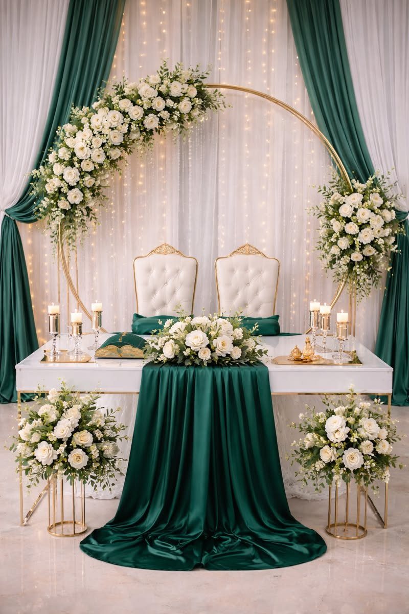 A white wedding table featuring a forest green satin runner and white rose floral arrangements.