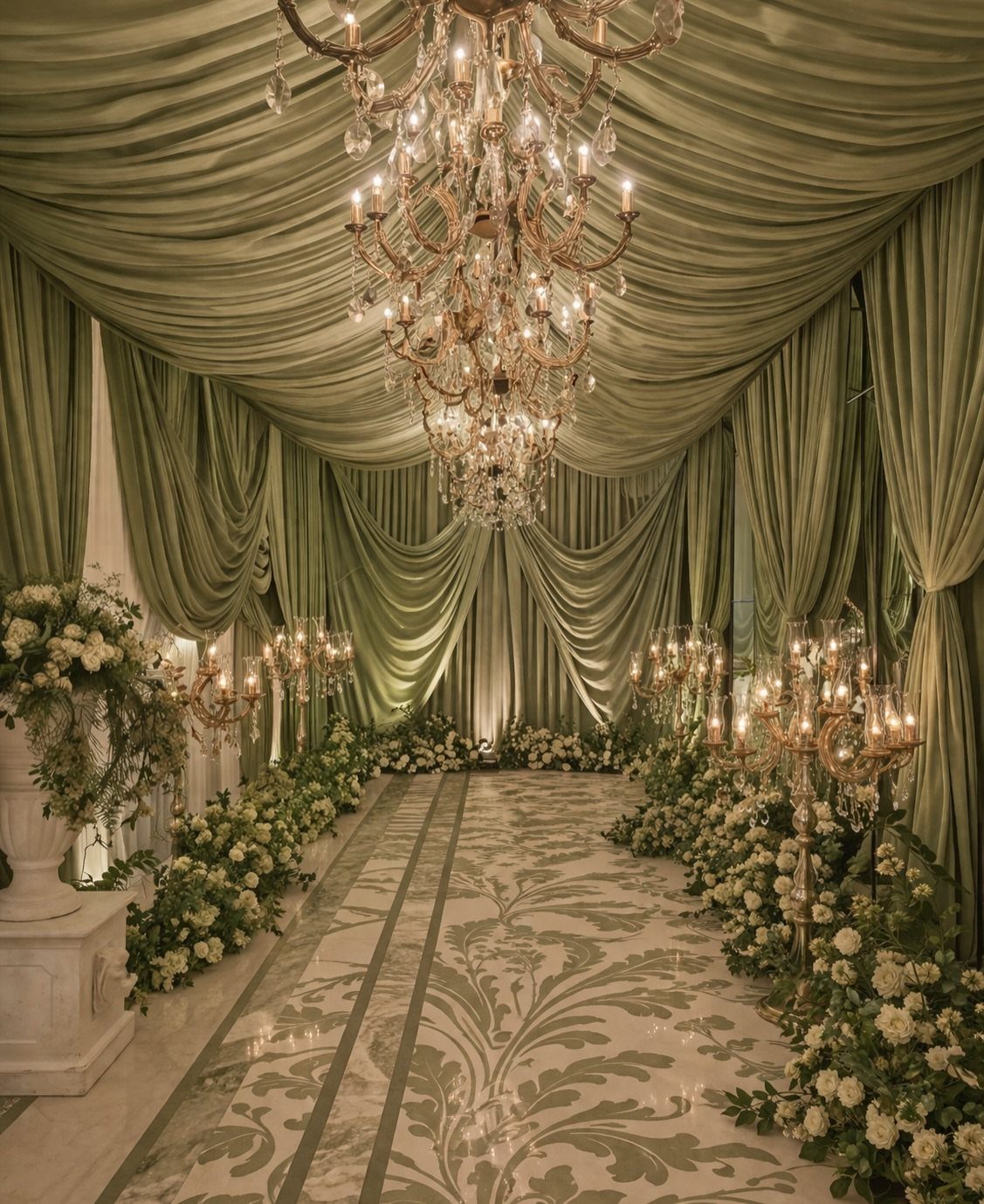 Green Gold White Wedding: 8 Ideas for Decor and Details 8 Sage green draped fabric ceiling and walls with white floral arrangements and crystal chandeliers.
