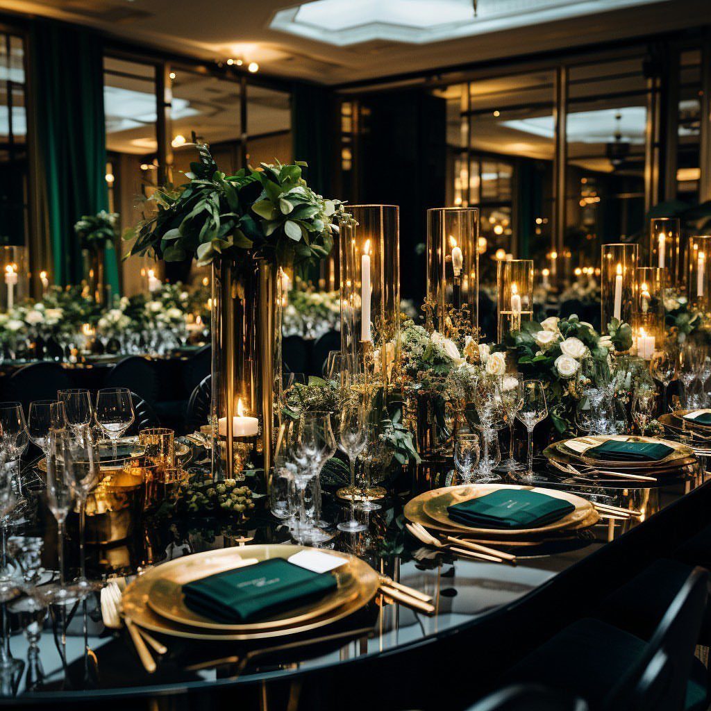 Green Gold White Wedding: 8 Ideas for Decor and Details 4 Tall gold floral centerpieces with green leaves and white flowers surrounded by glowing white candles on a wedding table.