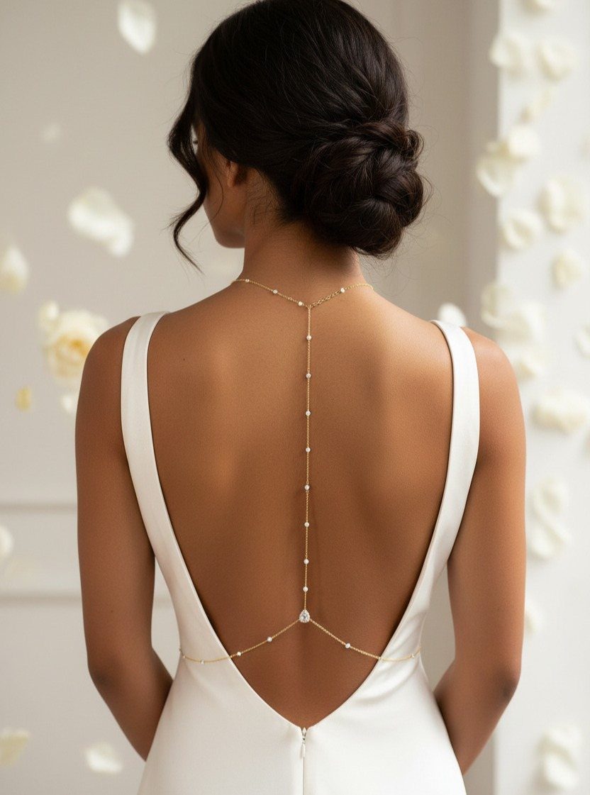 A woman wearing a white open-back dress with a delicate pearl back necklace.