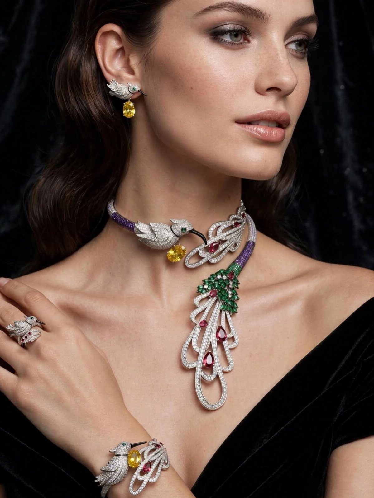 Woman wearing an elaborate silver jewelry set with colorful gemstones and white stones.