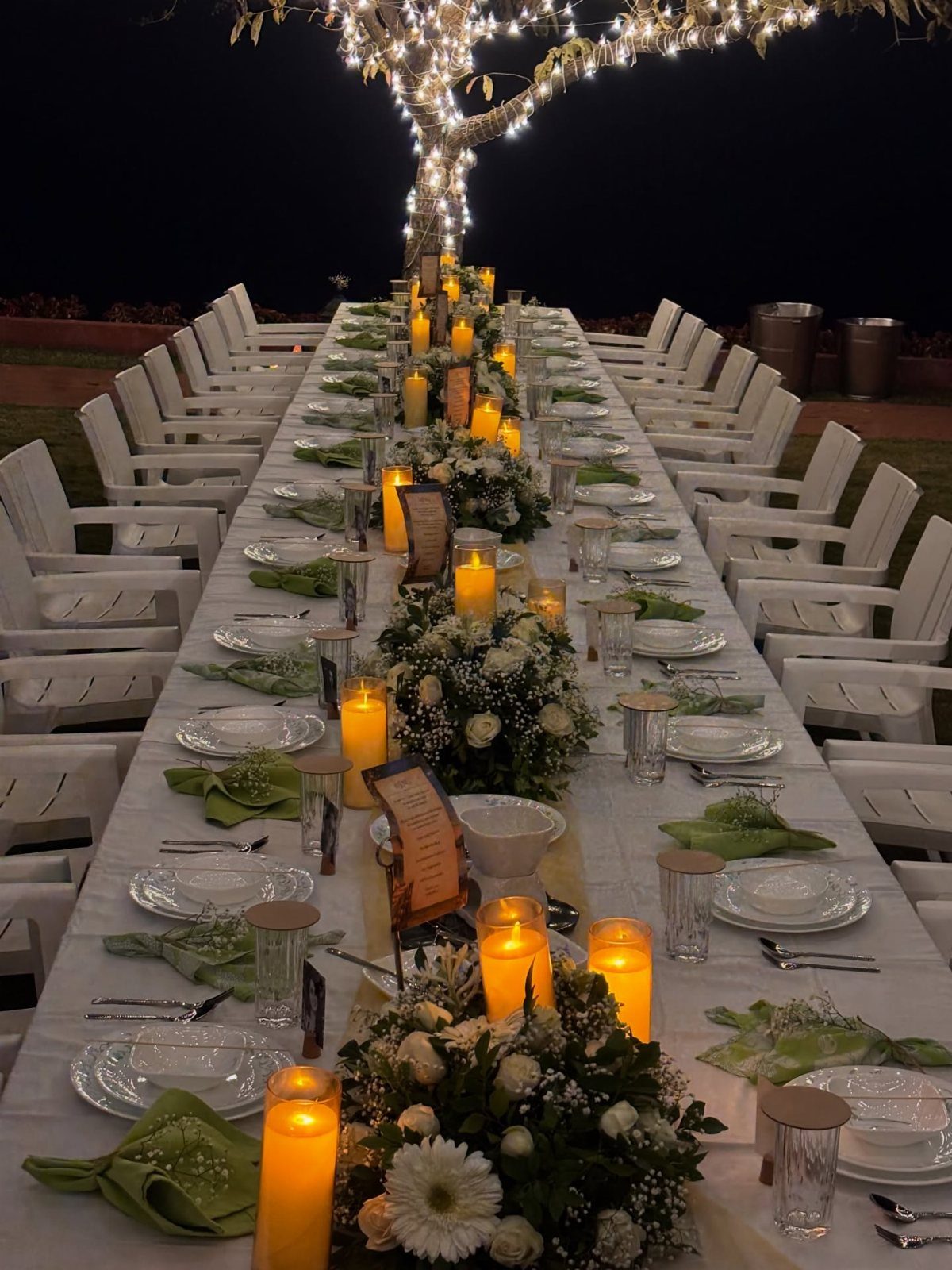 7 Long Table Wedding Reception Ideas for Outdoor Celebrations 1 A long wedding reception table decorated with white flowers, green napkins, and glowing candles under a lit tree.