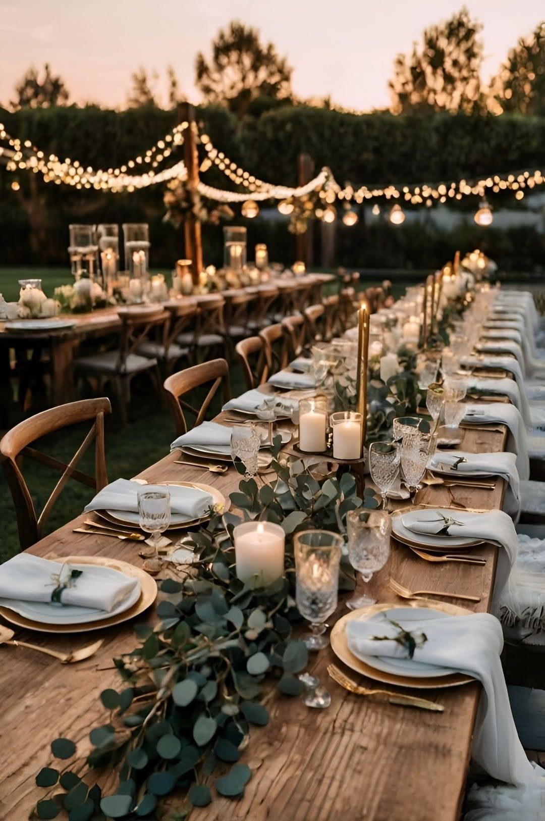 7 Long Table Wedding Reception Ideas for Outdoor Celebrations 2 A long wooden wedding table decorated with eucalyptus, white candles, and glassware under hanging string lights.